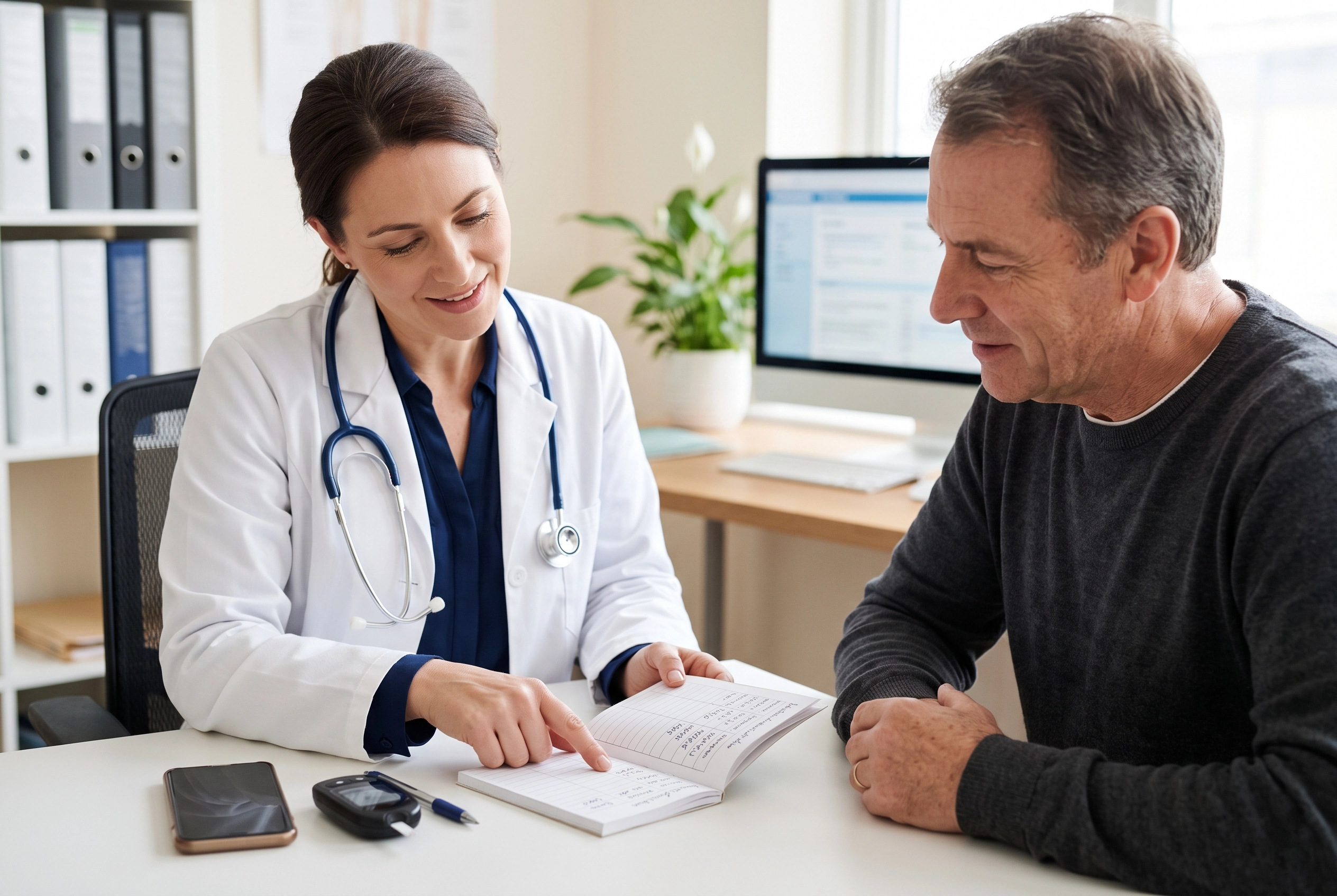 Patient discussing blood sugar logs and gastroparesis symptoms with an endocrinologist.