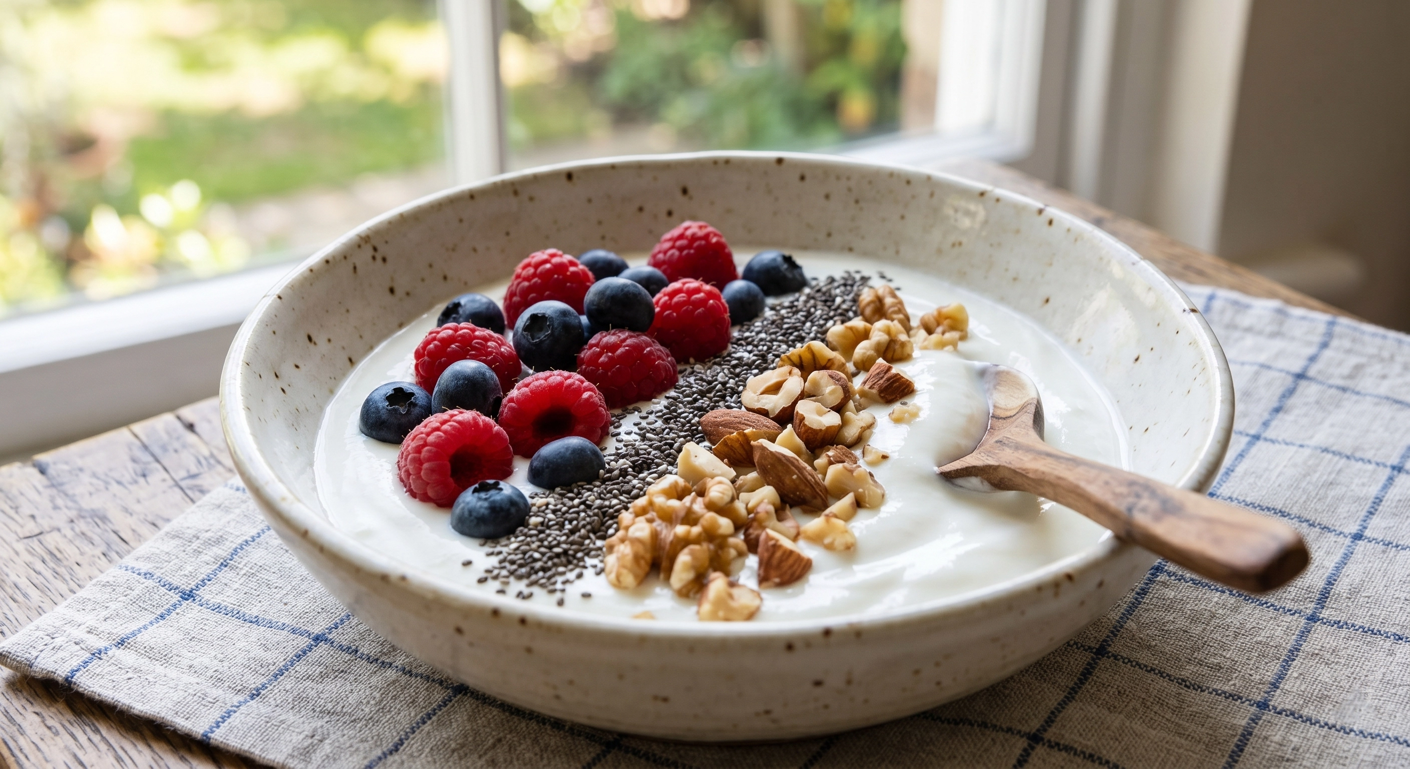 Plain Greek yogurt bowl with berries, chia seeds, and nuts for a blood-sugar-friendly breakfast