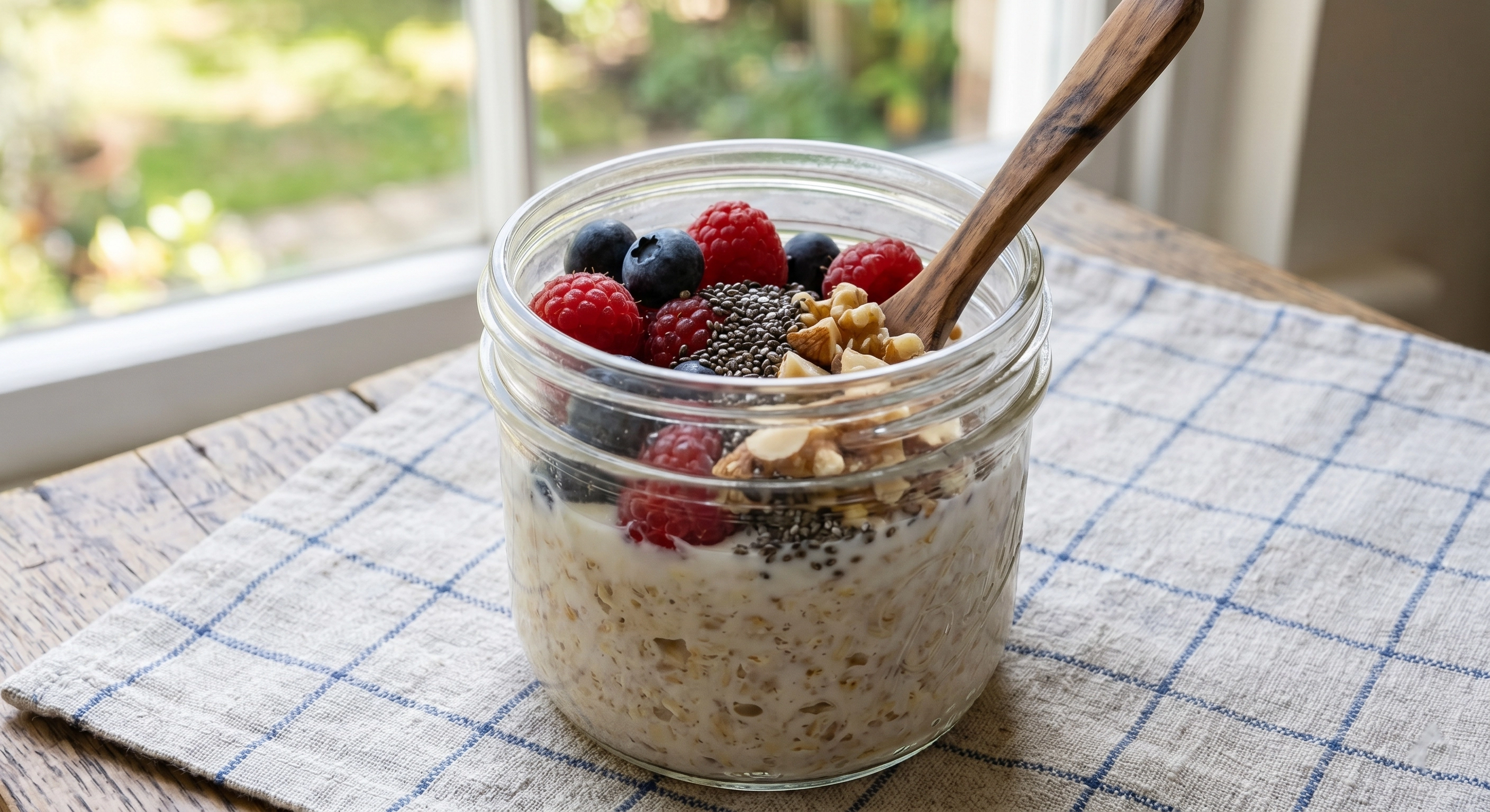 Overnight oats with chia seeds and berries prepared in a glass jar