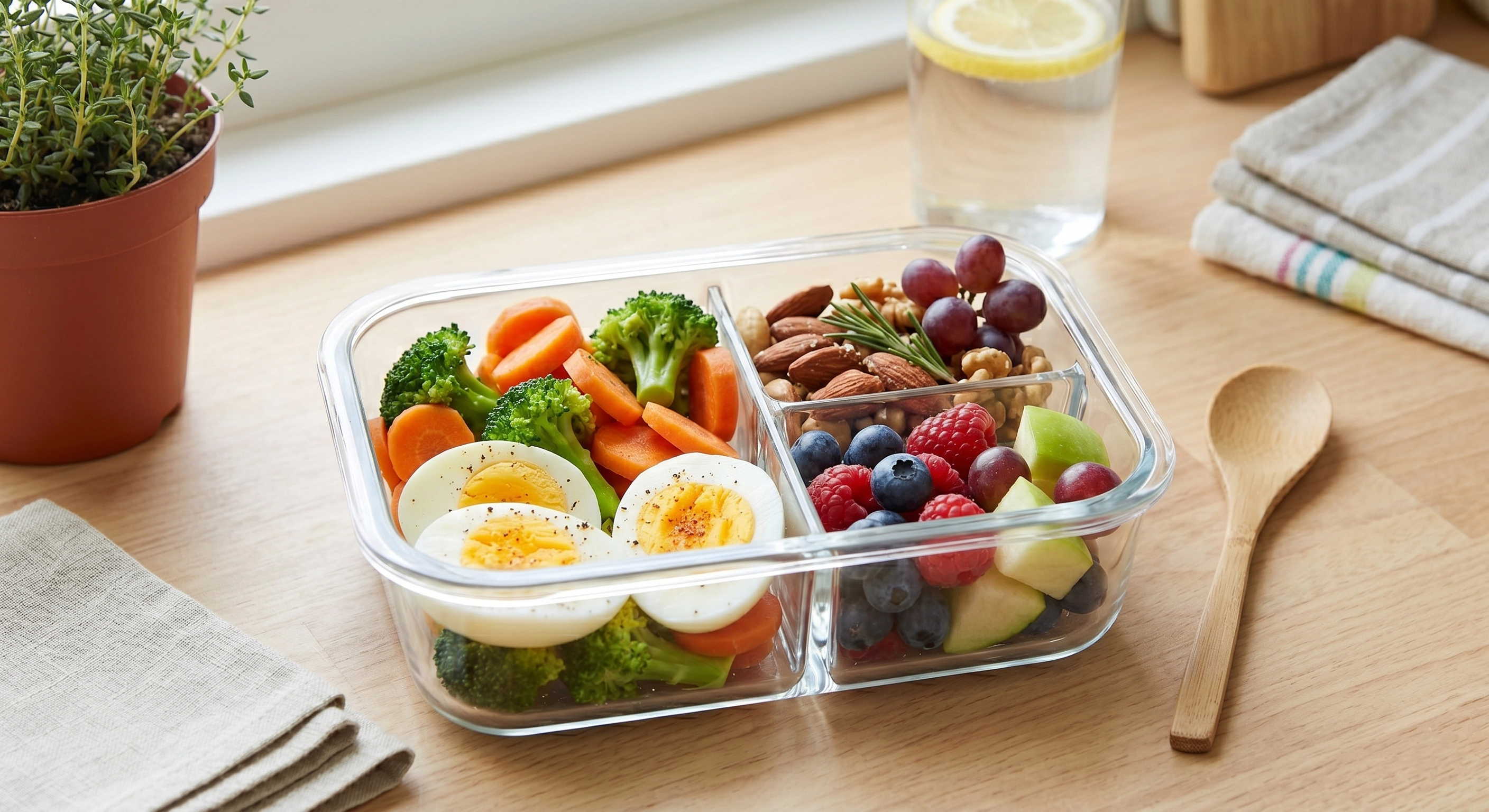 Breakfast meal prep containers with boiled eggs, vegetables, nuts, and fruit