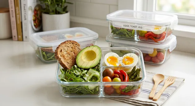 Balanced diabetic breakfast plate with eggs, avocado, vegetables, and whole-grain toast