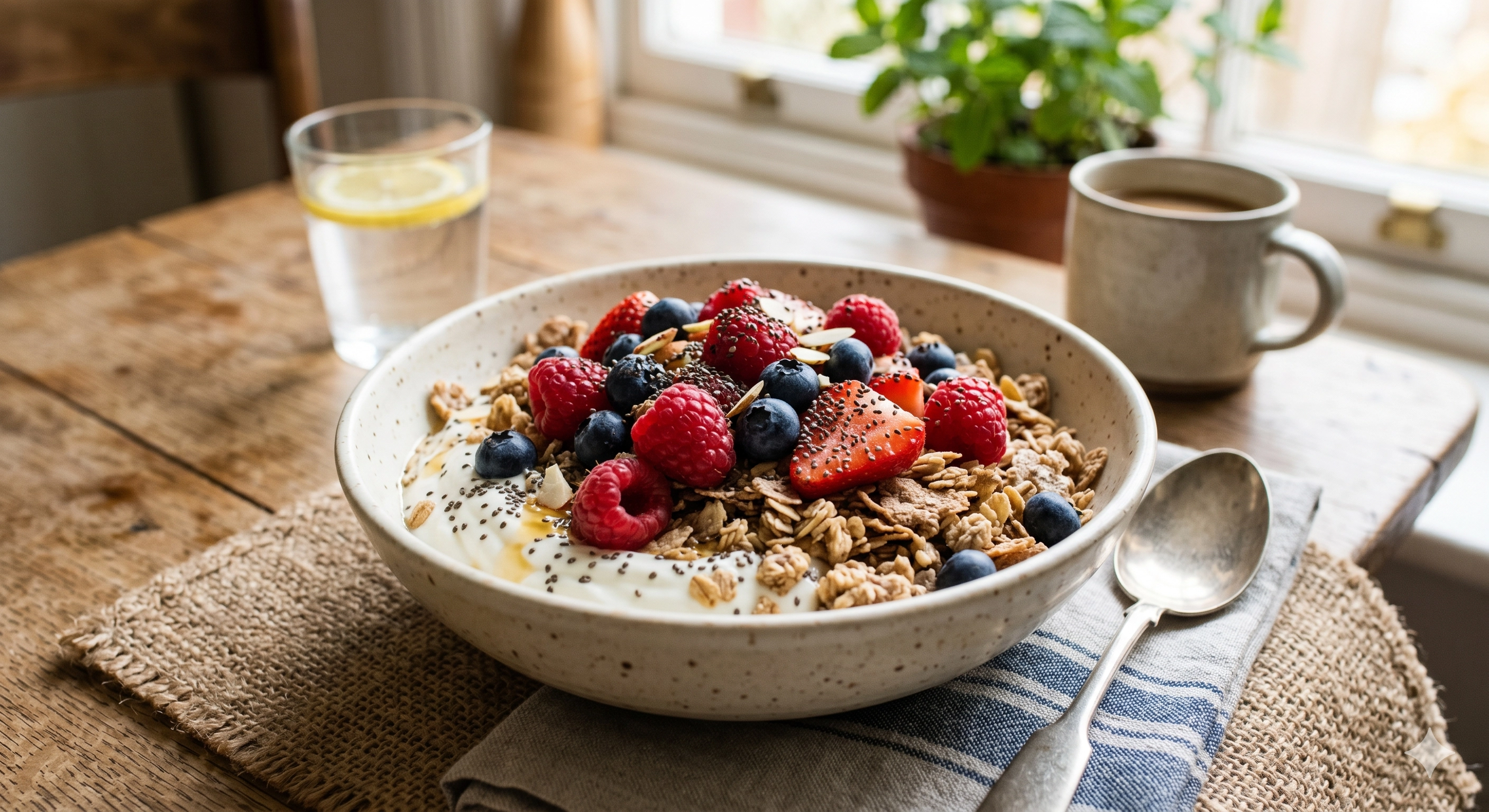 Balanced breakfast bowl with high-fiber cereal, Greek yogurt, berries, and chia seeds