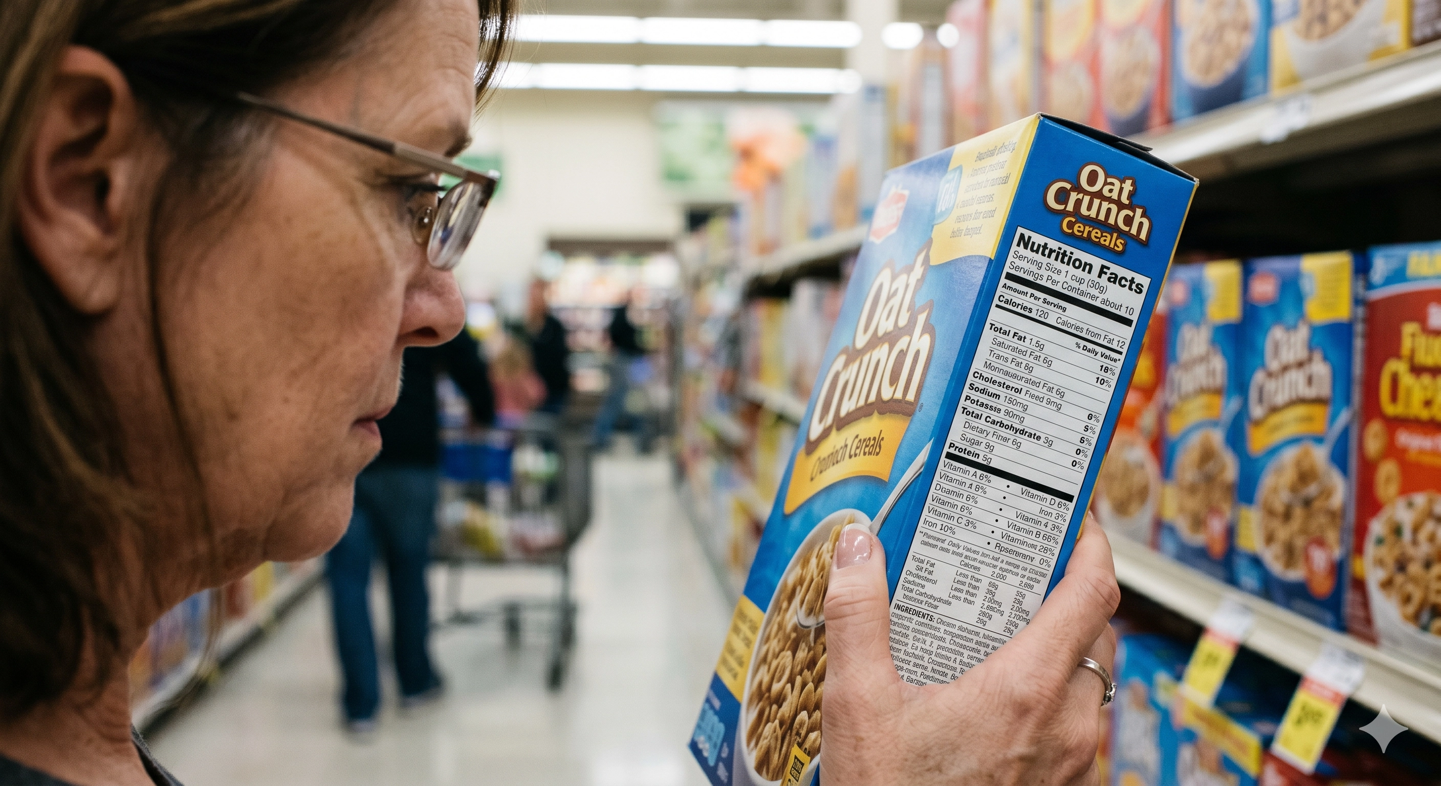 Person checking the nutrition label on a cereal box in a grocery store