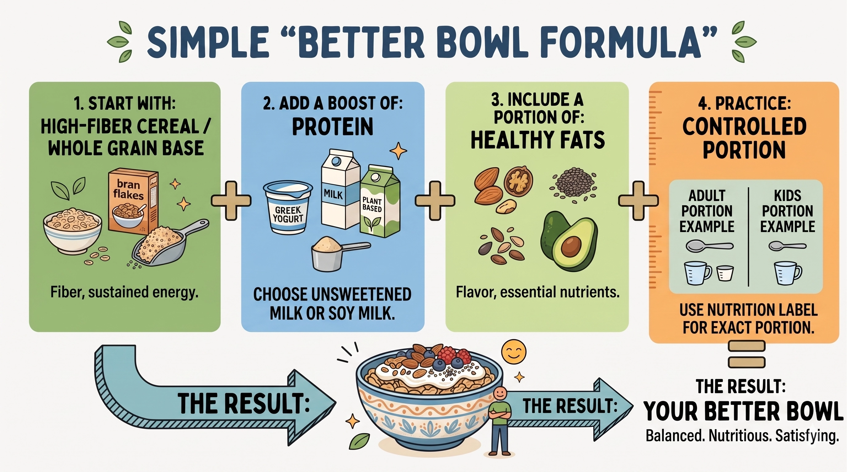 Graphic showing a better cereal bowl formula with protein, fiber, healthy fat, and portion control