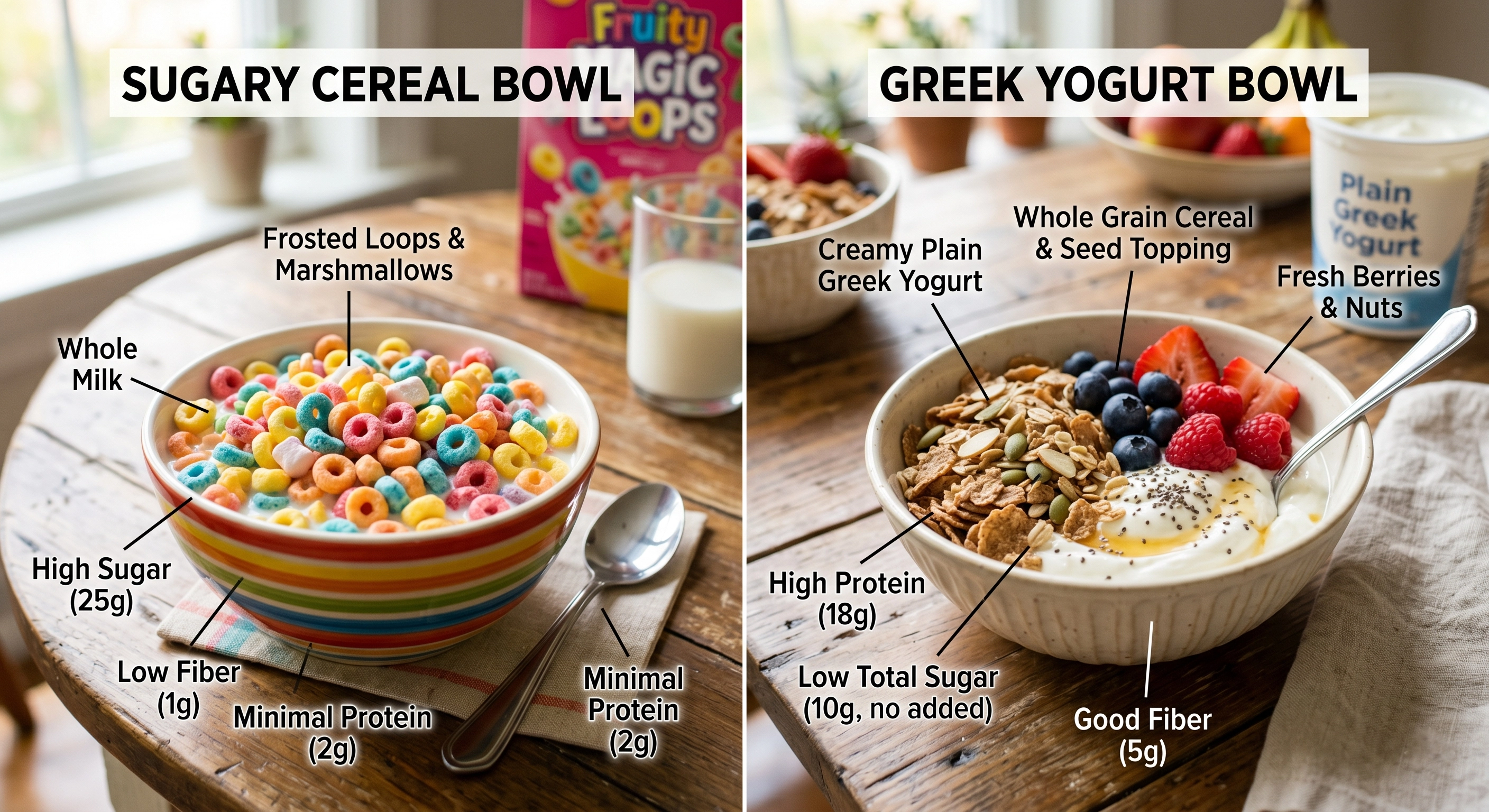 2. Side-by-side breakfast bowls showing sweet cereal with milk and Greek yogurt with cereal topping
