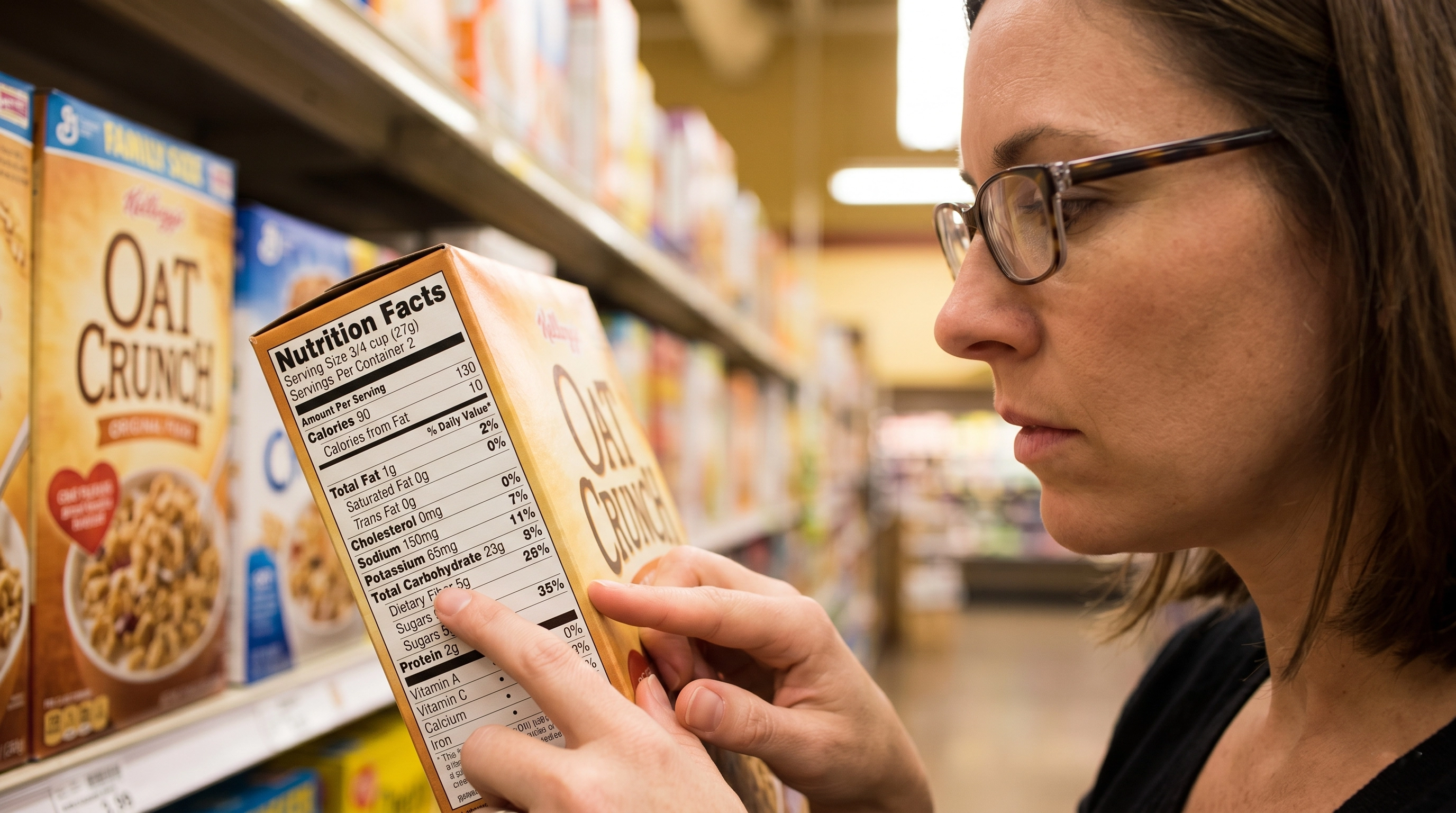 Close-up of a cereal nutrition facts label showing serving size, carbohydrates, sugar, and fiber
