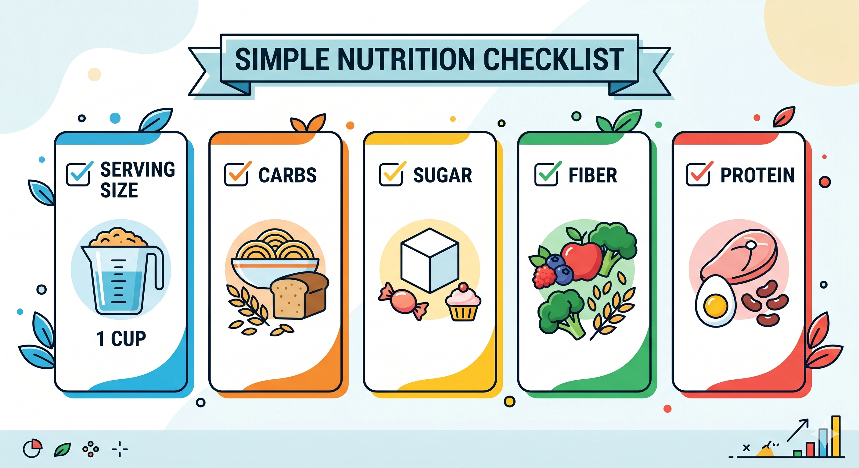 Cereal check checklist with serving size, total carbs, added sugar, fiber, and protein