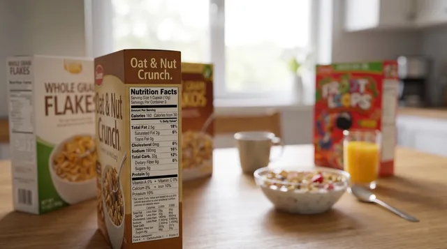 Person comparing cereal boxes and reading nutrition labels for blood sugar-friendly breakfast choices 