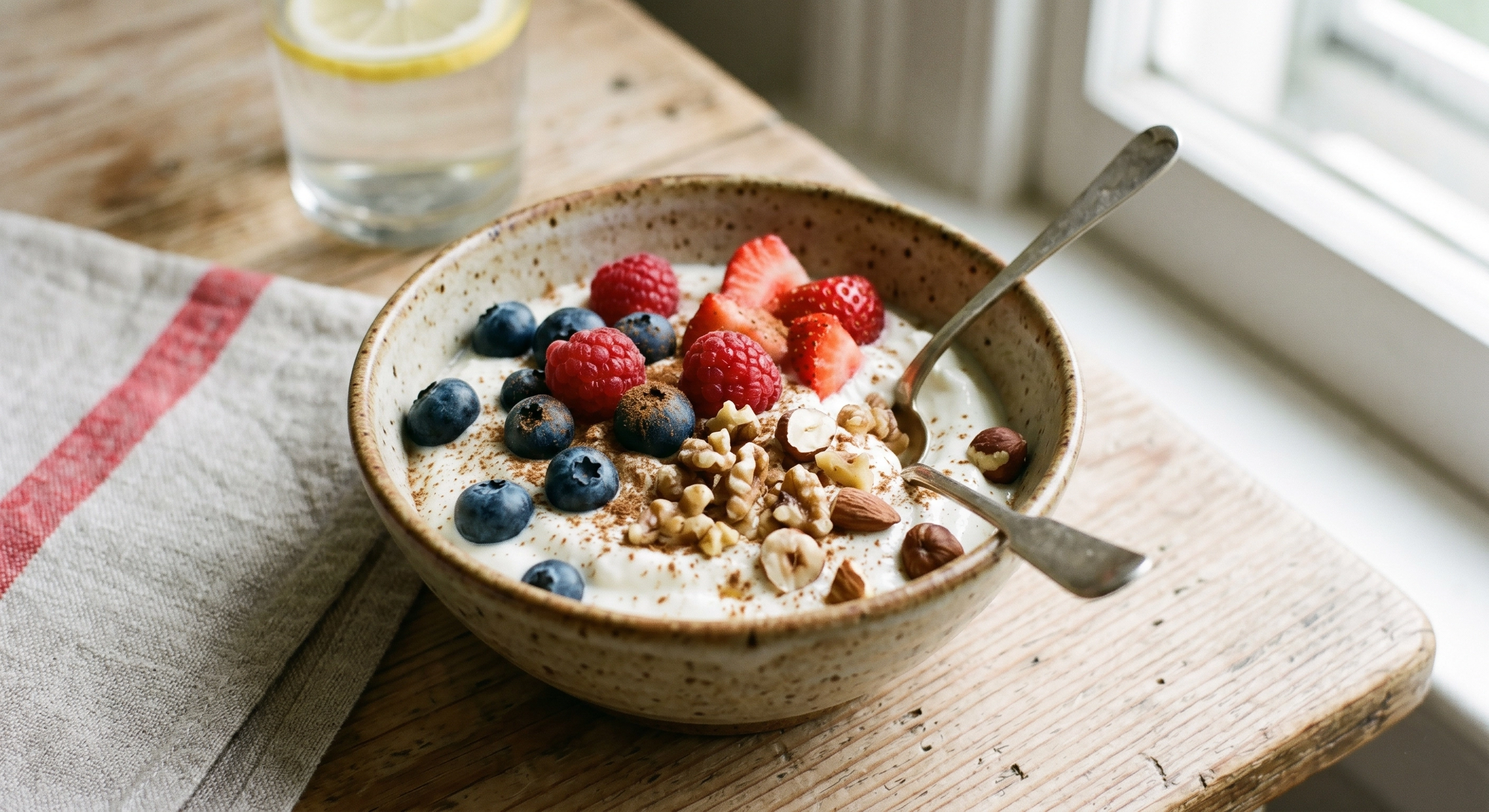 Plain Greek yogurt with berries, cinnamon, and nuts as a balanced dessert idea 