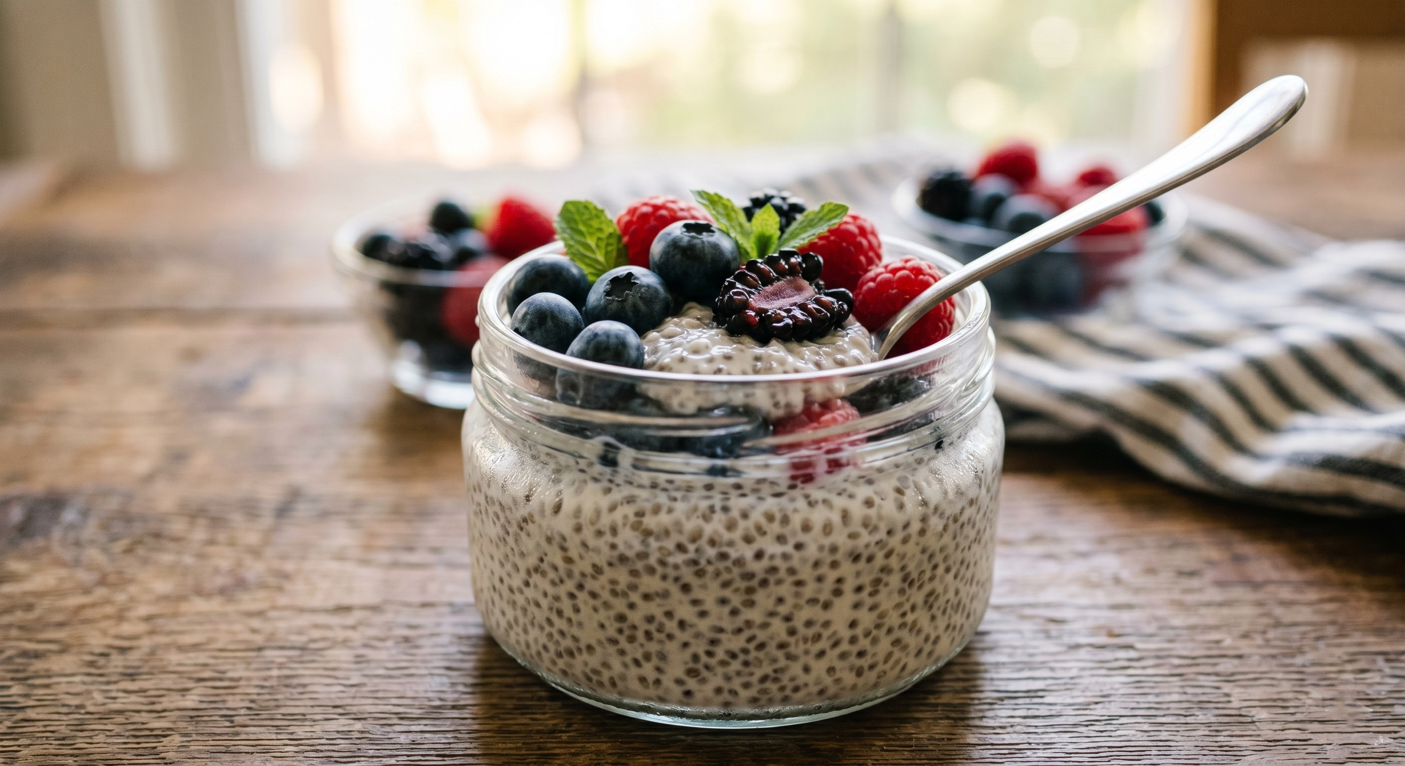 Chia pudding with berries in a glass jar for a blood sugar friendly dessert option 