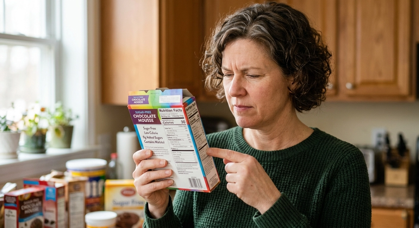 Person checking the nutrition label on a sugar-free dessert package 