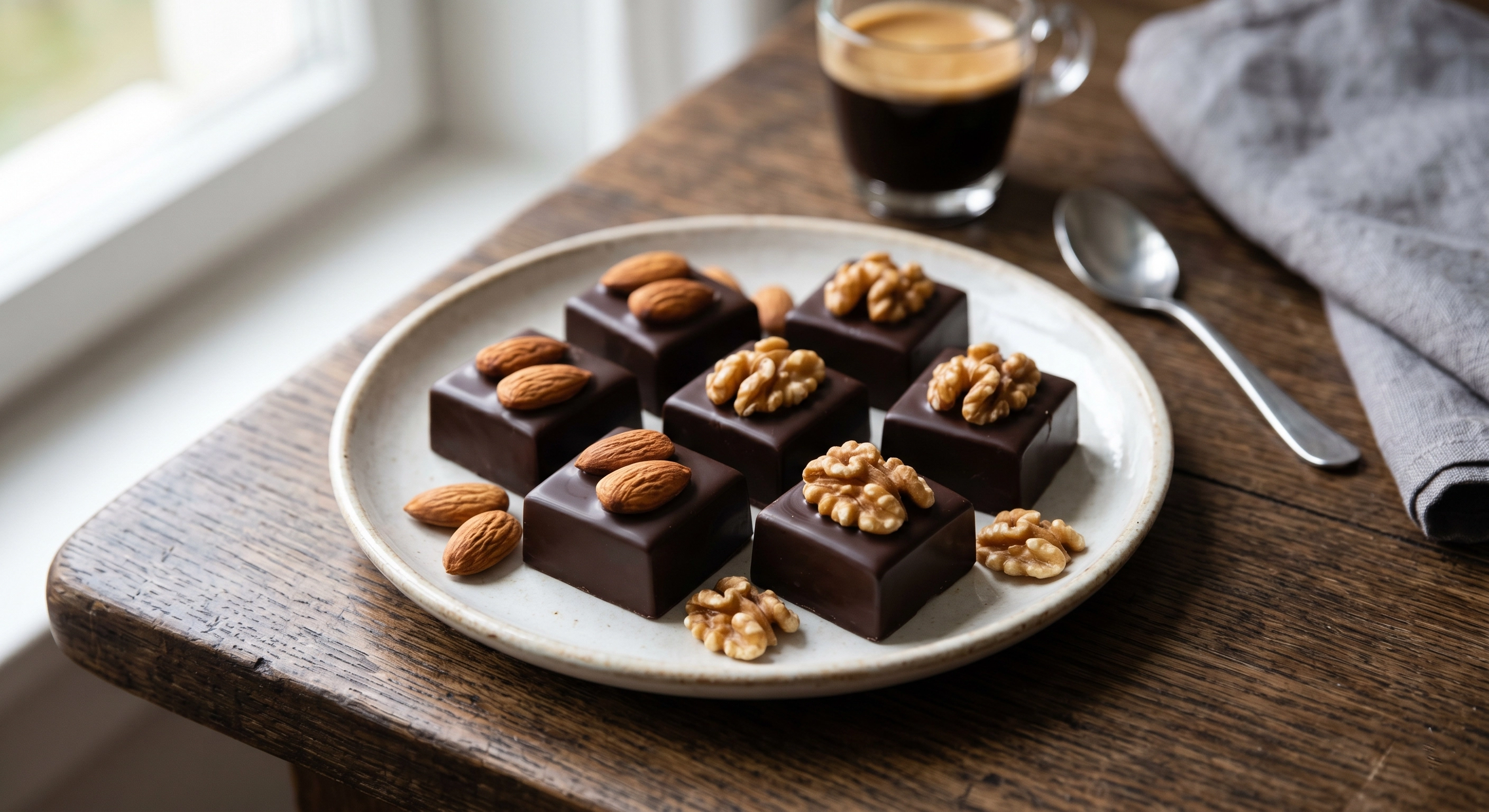 Dark chocolate squares with nuts on a small plate as a simple dessert choice 