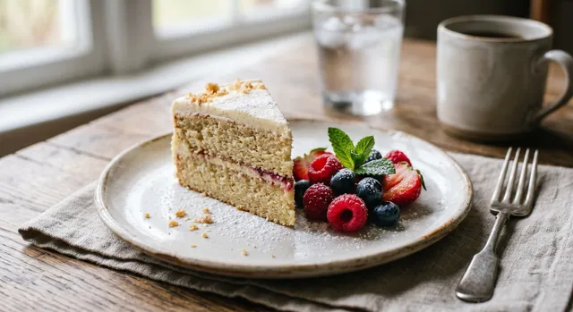 Small slice of cake served with berries for a realistic dessert portion 