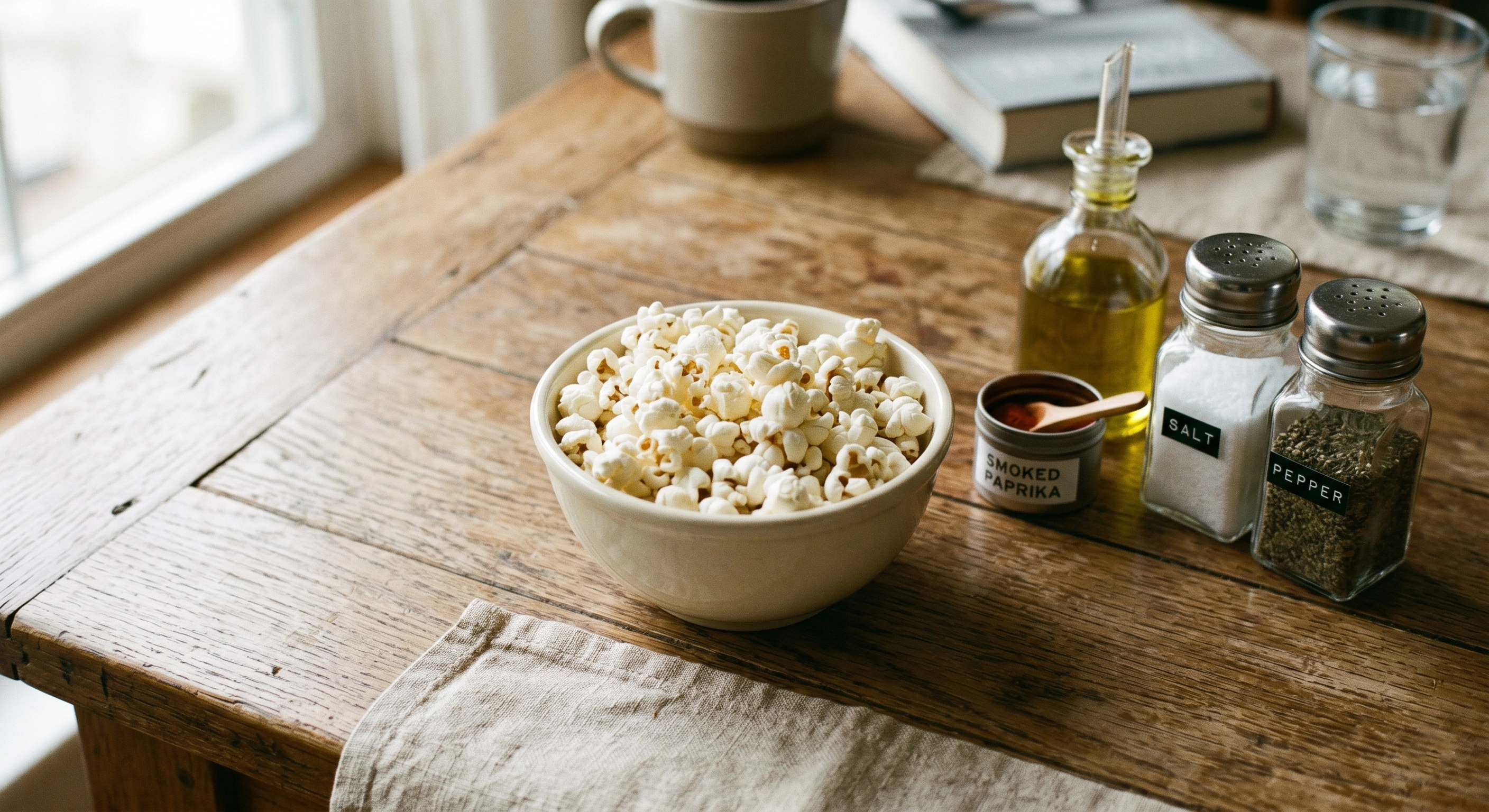 Small bowl of air-popped popcorn with simple seasonings for a blood sugar-conscious snack 