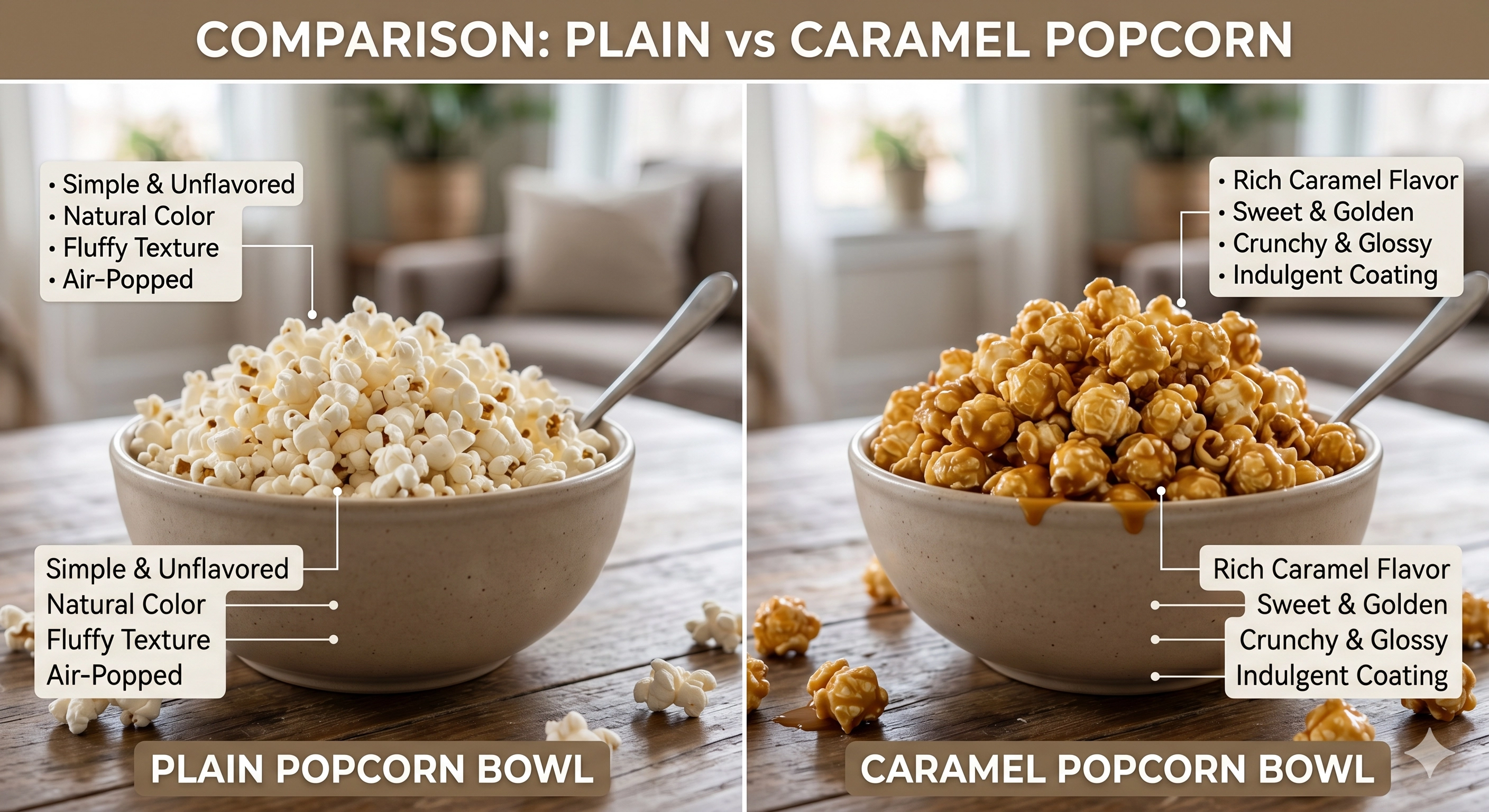 Plain popcorn compared with caramel popcorn to show different snack choices 