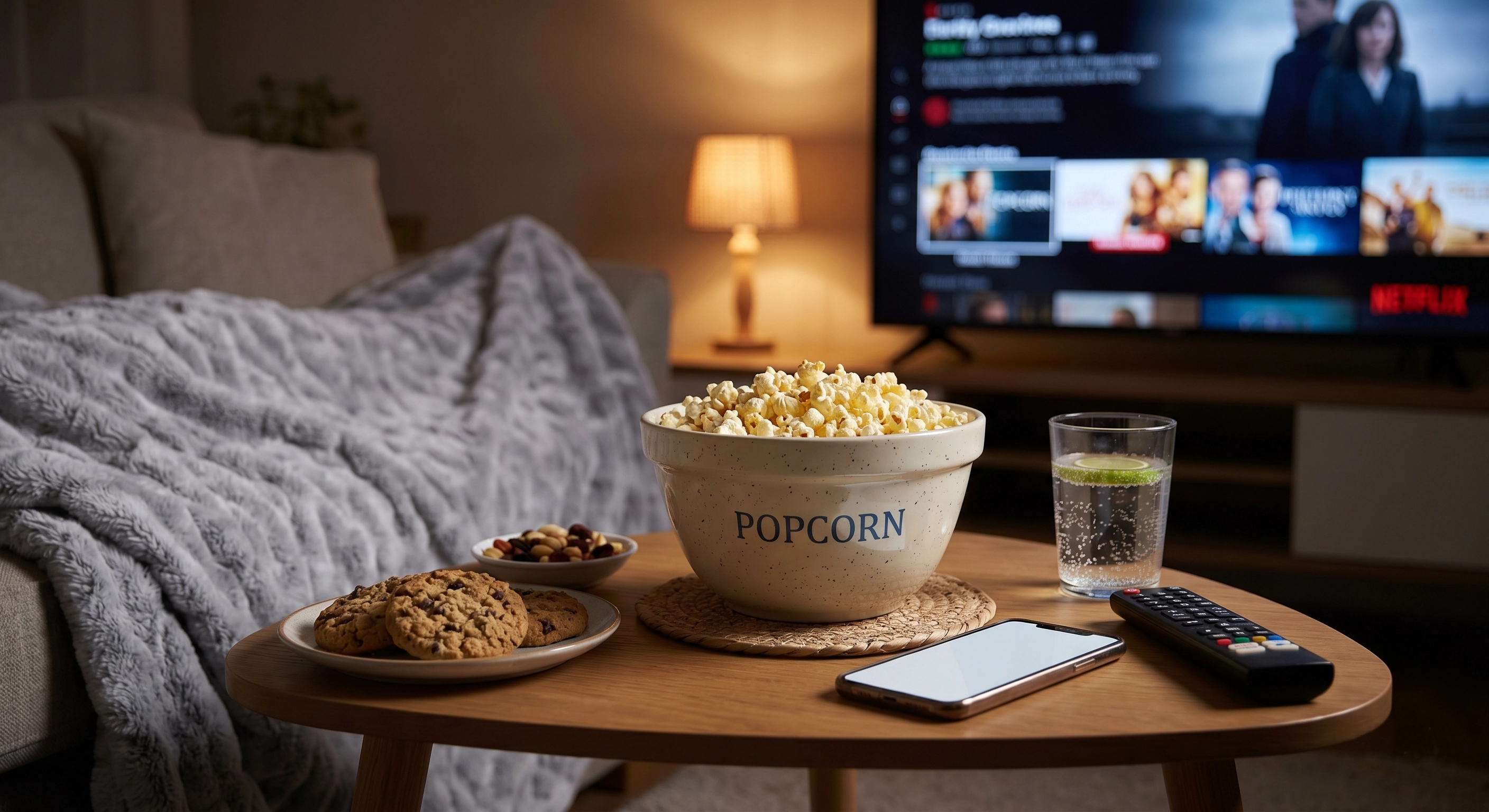 Portion-controlled bowl of popcorn prepared for movie night at home