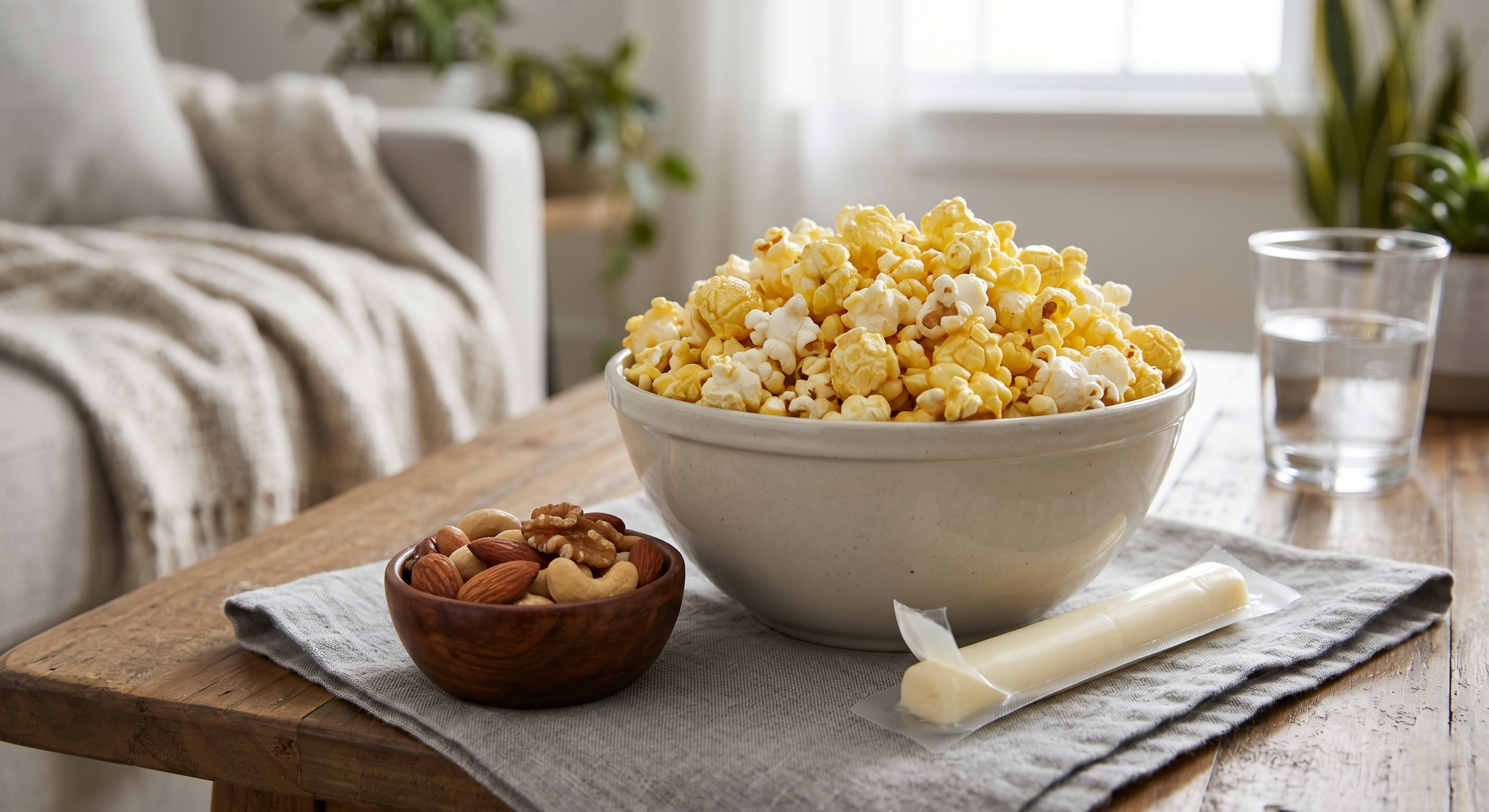 Popcorn paired with nuts and cheese as a more balanced snack option 